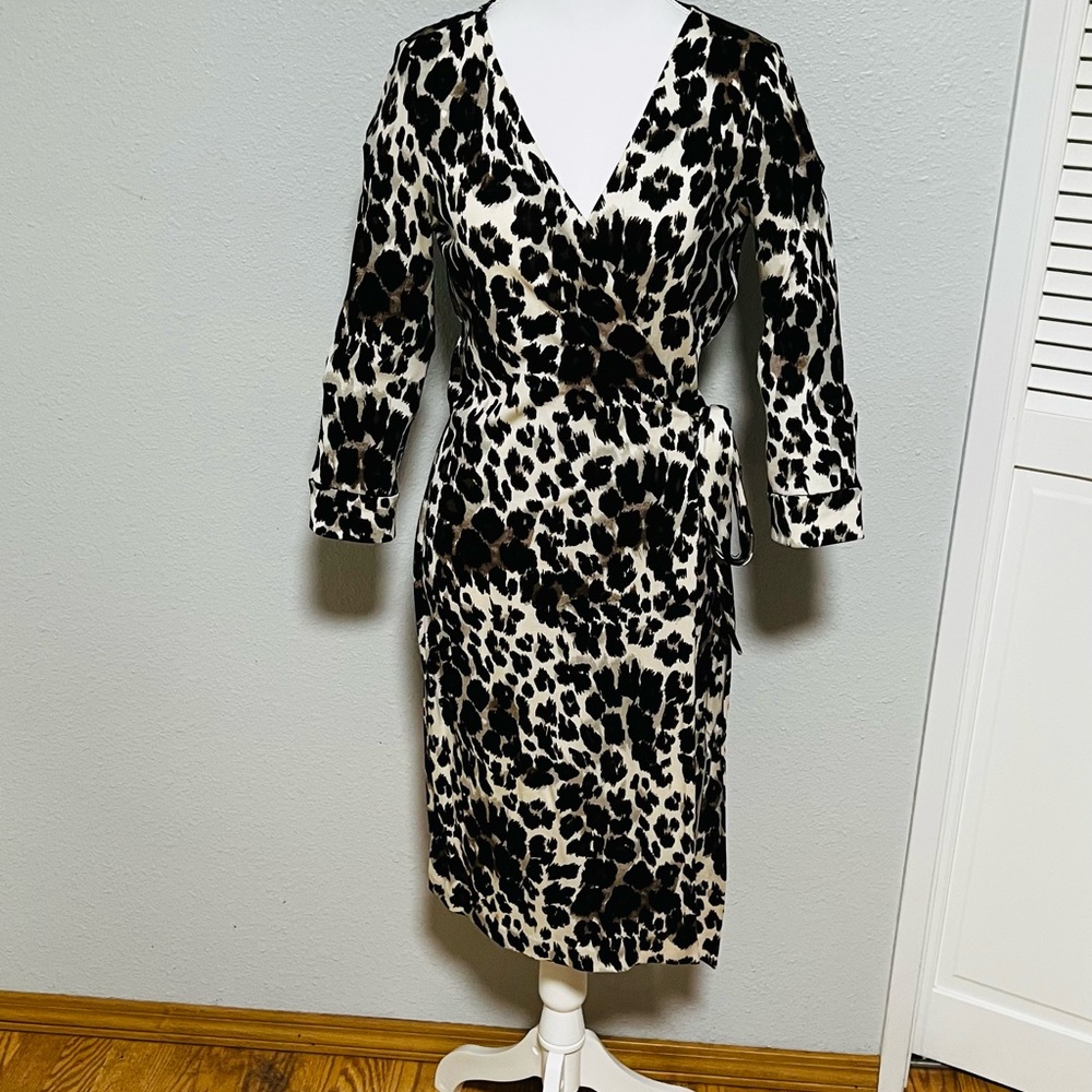 Diane Von Furstenberg Black and Cream Animal Print Wrap Dress
